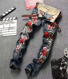 Man039s rose embroidery Jeans Brand design Hole patch ripped DJ nightclub pants Plus Size 2838 For Male9601203