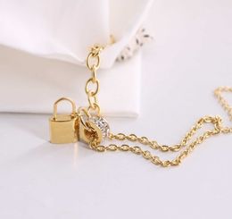 Wholesale Titanium Steel 18K Gold Printing Lock Square Zircon Asymmetric Double-Layer Chain High-Grade Bracelet for Women
