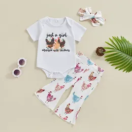 Clothing Sets Vintage Born Baby Girls Clothes Cartoon Chicken Print Short Sleeve Romper With Flare Trousers Heaband 3pcs Outfits