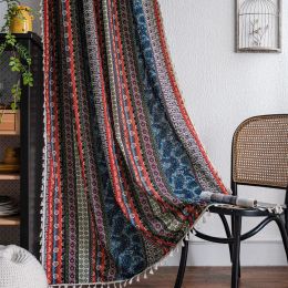 Curtains Farmhouse Geometric Striped Curtains SemiBlackout Treatments for Living Room Bedroom,Boho Style Linen Window Drapes with Tassel