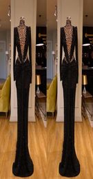 2020 Sexy Aso Ebi Arabic Black Sparkly Prom Dresses Crystals Mermaid Evening Dresses Long Sleeves Formal Party Second Reception Go6357963