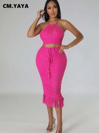 CM.YAYA Beach Knit See Though Women Two 2 Piece Set Outfits Halter Neck Crop Top and Tassel Midi Skirt Suit Dress Set 240328