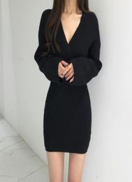 Casual Dresses Women Sweater Sexy Deep V Neck Knitted Mini Dress 2021 Autumn Winter Long Sleeve Black White7395795