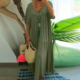 Summer Casual Solid Color Cotton Hemp Short Sleeve Long Womens Dress Simple Loose Beach Maxi Female Fashion Dresses 2023 240313