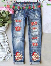 Women's Pants Denim 2024 Early Spring Latest Fashion Versatile Merry Christmas Santa Claus Snowflake Print Pocket Ripped Jeans