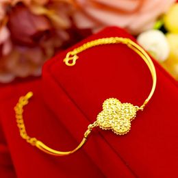 Real 100% 14k Gold Colour lucky four leaf clovers Bangle for women Jewellery gold plated Bracelet Wedding Party Gift 240307