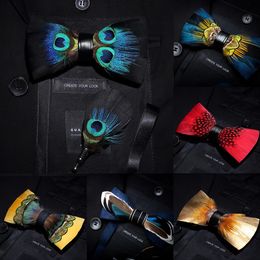KAMBERFT Brand Men Bow-tie Brooch Set Feather Style Leather Bow Tie Adjustable Formal Tie Bowtie Wedding Party Gift 240314