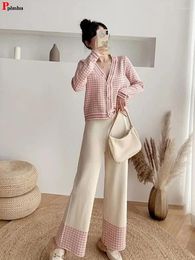 Women's Two Piece Pants Spring Fall Soft 2 Sets Plaid Cardigan Outfit High Waist Ankle Length Baggy Wide Leg Pant Suits Print Knit Tracksuit