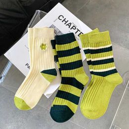 Kids Socks Green Series Socks Womens Four Seasons Double Needle Pile Socks Cotton Mid-tube Casual Socks Japanese Striped Socks YQ240314