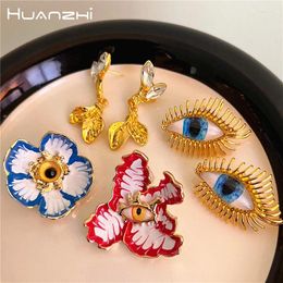 Stud Earrings HUANZHI Colourful Enamel Devil's Eyes Flower For Women Girls Vintage Exaggerated Chunky Metal Party Jewellery Gifts 2024