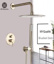 Luxurious Brushed Gold Mixer Rotate Tub Spout Wall Mount Rainfall Head Hand Shower Faucet 10118147129