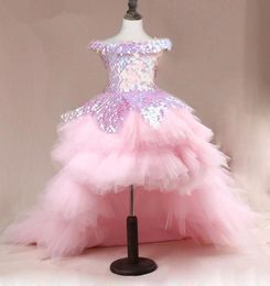 Pink Sequin High Low Girls Pageant Dresses Off The Shoulder Tulle Ball Gown Tiered Laceup Back Ruffle Skirt Puffy Flower Girl Dre2343959