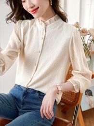 Women's Blouses Stand Collar Long Sleeve Apricot Shirt Women Tops Spring Autumn French Style Elegant Chic Loose Casual Office Lady Blouse