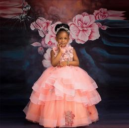 Tier Skirt Tutu Dress Girls Pageant Dresses Princess A Line Jewel Neck 3D Handmade Flower Appliques Cute Kids Communion Birthday Party Gowns