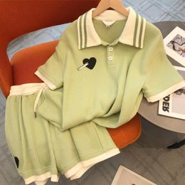 Women's Tracksuits Women Casual Green Shorts Set Love Hearts Appliques Turn Down Collar Pullover T-Shirt Elastic Waist Loose 2pcs Female