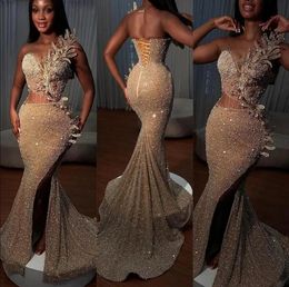 2024 Sparkly Sequins Illusion Mermaid Long Prom Dresses Sheer Mesh Top Beaded High Split 3D Formal Evening Gowns Formal Party Occasion Wear Vestidos With Lace Up 0314