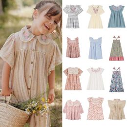 Girl Dresses Children's Dress 2024 Summer Girls Ethnic Style Casual Vacation Floral Lapel Pure Cotton Lace