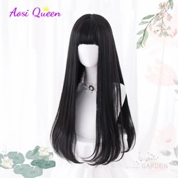 AS Long Straight Black Synthetic Wig For Woman With Bangs black Cosplay Lolita Wigs Heat Resistant Natural Hair 240305