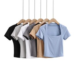 American ins low cut square neck slim exposed navel short T-shirt womens summer new elastic slim solid color short sleeve top fashion