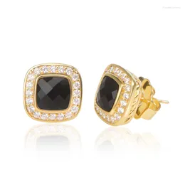 Stud Earrings 7mm Square Black Cubic Zirconia Ear Piercing Classic Gold-plated Metal Brass For Women Fashion Jewelry
