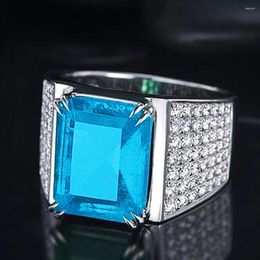 Cluster Rings Square Blue Topaz Aquamarine Gemstones Zircon Diamonds Crystal Big For Men White Gold Colour Bague Finger Bands Jewellery