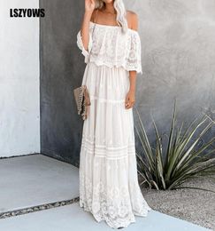 Bohemian Crochet White Lace Dress Women Vintage Off The Shoulder Ruffle Long Party Dress Summer 2020 Beach Maxi Dresses Vestidos3431223