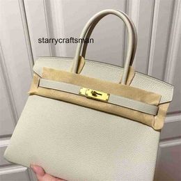 Women Genuine Leather Handbag L Fully Handmade Wax Thread Original Factory Togo Skin White Bag Size 25/30/35 Gold and Silver Buckle