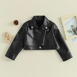 Fashion Baby Girl PU Leather Jackets Kid Long Sleeve Lapel Collar Solid Colour Zip Up Coats Motorcycle Outerwear 240304