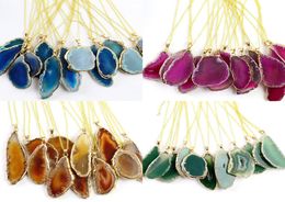 Fashion Jewelryplated Wrap Gold Agate Wind Bell Piece Pendant Coloured Natural Agate Rough Sliced Necklace Sweater Chain7621360