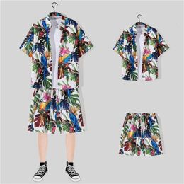 Flower Shirt Mens Short Sleeved Summer Beach Hawaiian Style Set of Two Pieces Trendy Casual Printed Full Print