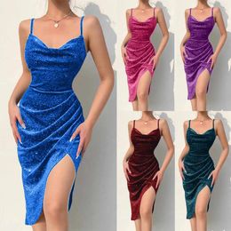 Casual Dresses Elegant Vestidos 2024 Women's Dress V Neck Strap Slim Design Pleated French Slit Sequin Ladies Fashion