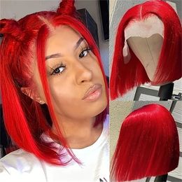 Red Short Bob Wig 13X4 Lace Front Human Hair Wigs for Women Brazilian Transparent Human Hair Wig Straight Coloured Remy Hair