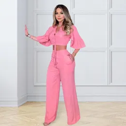 Women's Two Piece Pants Commute Shirt Set Stylish V Neck Crop Top Wide Leg With Bubble Sleeves Lace-up Detail For Fashionable