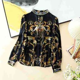 2024 Spring Summer Black Paisley Print Embroidery Panelled Silk Blouse Shirt Long Sleeve Stand Collar Pullover Style Soie Top Shirts W4M1322