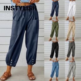 Women's Pants Women Cotton Linen 2024 Autumn Solid Colour Elastic Waist Loose Straight Trousers Female Harajuku High Wide Leg