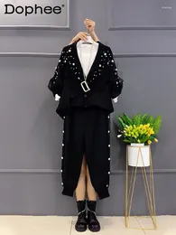 Women's Two Piece Pants 2024 Spring Elegant V-neck Diamond Lace Knitted Coat Women Black Sweatpants Two-Piece Suit Fashion Bead Tracksuit