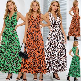 V-neck Leopard Print Slimming Tie Up Cocktail Party Fashion Long Dress for Women in Large Size