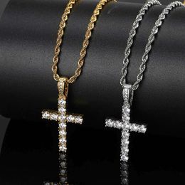 Micro Set Zircon Solid Small Cross Pendant with Gold Electroplating Trend Hiphop Men&#039;s Necklace