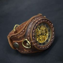 Дизайнерские часы ручной работы в винтажном стиле, очаровательная латунная игольная пряжка, коричневые механические часы из натуральной кожи, наручные часы с большим циферблатом