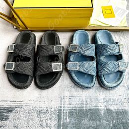 Feel Blue Denim-Slides 8X832 Designer-Sandalen Damen Herren Sandale Pool-Slipper Doppelband-Flachslides mit Logo Baguette-Zierschnallen 24SS-Buchstabensandalen 35 46