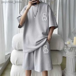 Men's Tracksuits 5XL large mens sportswear new Korean street fashion T-shirt and shorts two-piece set mens retro neckline top designer mens clothing Q240314