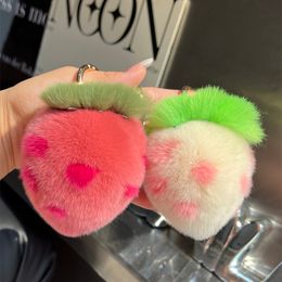 Real Rabbit /Rex Fur Strawberry Keychain Pompom Ball Bag Car Phone Pendant Gift