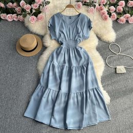 French Style Gentle Pleated Collar Dress For Women Summer Simple Solid Colour Double Layer Flounced Sleeve Design