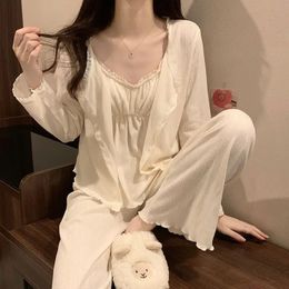 Lace Women Pyjamas Set Autumn Sleepwear Long Sleeve Pants Suit Button Sets for Women 3 Pieces Ruffles Piiama Button Night Wears 240313