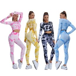 Die Dye Woman 2pcs Yoga GYM Set Sports Bra/Long Sleeve T-shirt Waisted Leggings Workout Suit Fashion Girls Fitness Tracksuit 240301