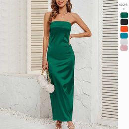 Summer Women's Solid Color Wrapped Chest Elastic Open Back Satin Dress