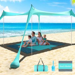 Shelters Large Beach Tent Sunshade UPF50+ 10x10 FT Family Beach Shade Canopy with Mat and 4 Poles for Camping Party Picnics Backyard