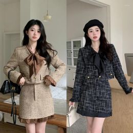 Two Piece Dress Women's Plus Size Cotton Clip Bow Tweed Blazer Skirt Set With Retro Contraste Wood Ear Edge Suit Half Two-piece