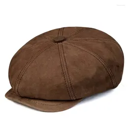 Berets Leather Hat Beret Men Spring British Peaky Blinders Retro Cowhide Octagonal Winter Sboy Painter Cap Coffee Boina Hombre