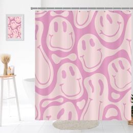 Curtains Retro Shower Curtain, 60s 70s Vintage Waterproof Polyester Fabric Bath Curtain Sets, Smile Face Pink Aesthetic Bathroom Curtains